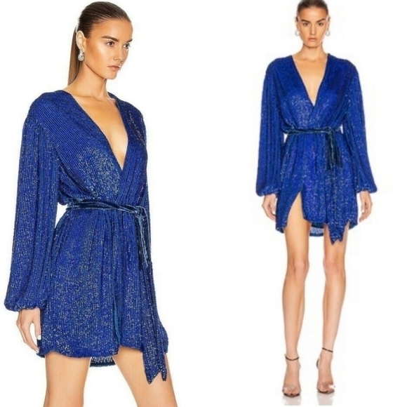 New Retrofete Velvet-Trimmed Sequined Chiffon Royal Blue Mini Cocktail Dress XS - Picture 1 of 17